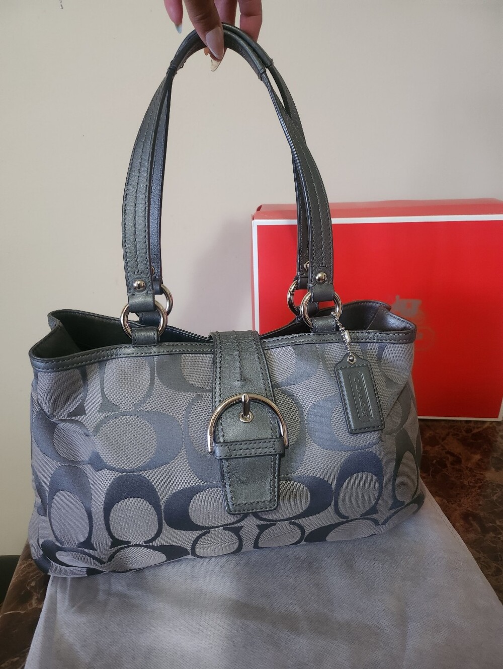 Coach Gray Signature Canvas Shoulder Bag with Leather Trim EUC - Picture 12 of 14